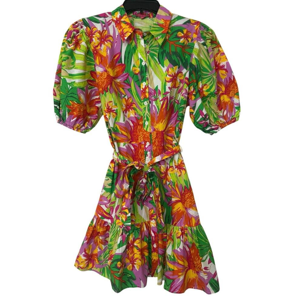 Flying Tomato Tropical Floral Ruffle Mini Shirt Dress Puff Sleeve L Maximalist